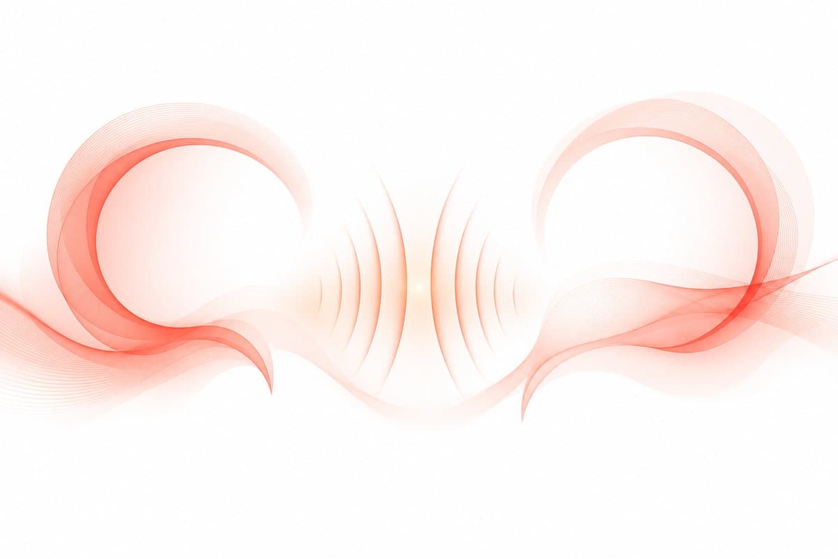 Two soft coral sound waves meeting, a spoken conversation, on a bright white field